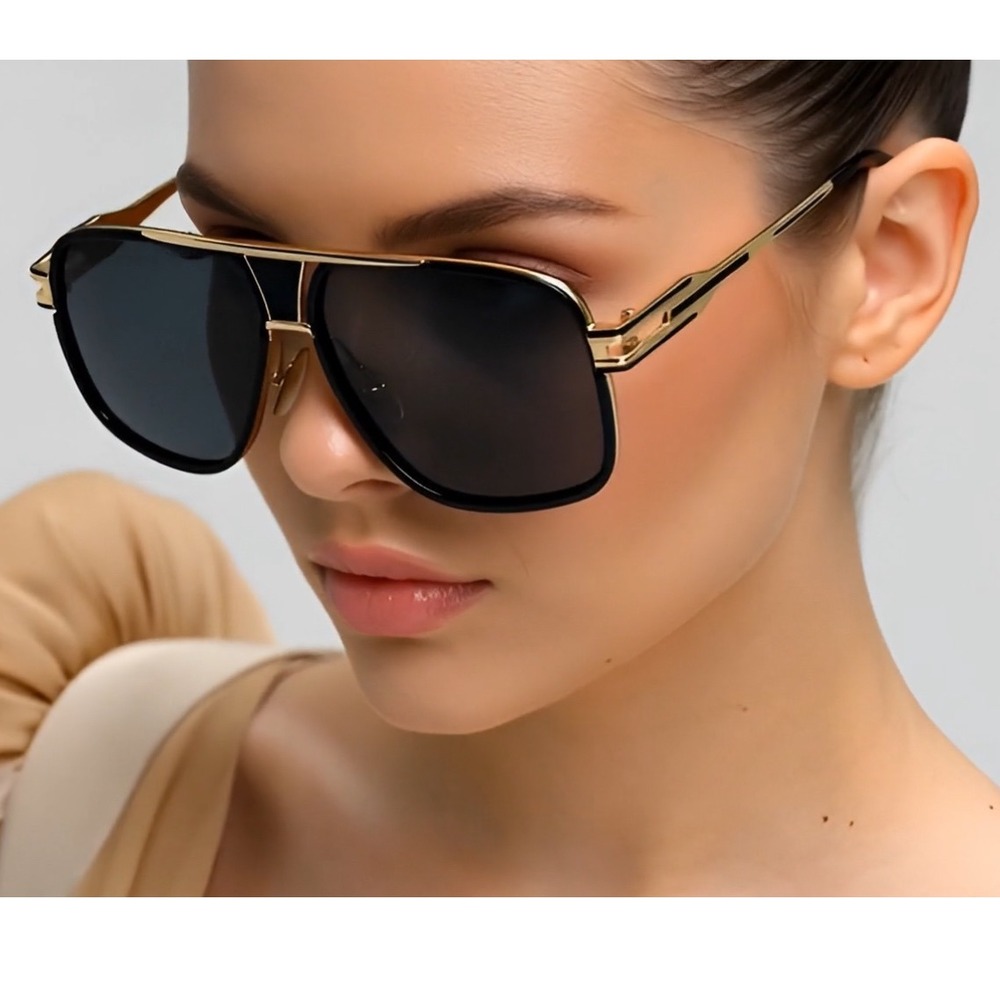 Women Sunglasses Rectangular Stylish Black Gold Designer Style UV Protection New - Picture 6 of 11
